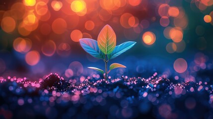 Poster - A seedling sprouting from the ground, surrounded by vibrant colors and lights representing growth and creativity. which includes the seeds emerging into the light. symbolizes new beginnings in life.