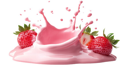 Aufkleber - 3D Realistic Strawberry Milk, Milk Splash with Strawberries, Isolated White Background