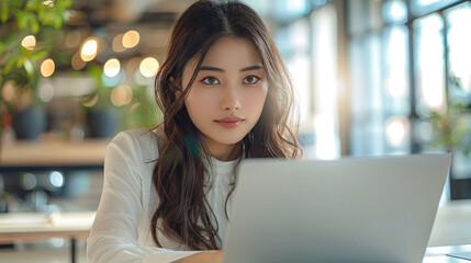 Poster - A beautiful Japanese woman operating a laptop computer in the office area of a modern office.