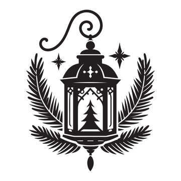 Festive Lantern with Pine silhouette vector art black color design and solid white background 