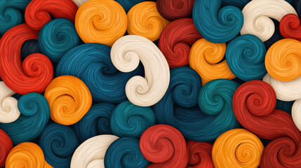 Poster - Colorful swirling patterns create vibrant abstract digital art piece, featuring rich hues of red, blue, yellow, and cream. dynamic shapes evoke sense of movement and creativity