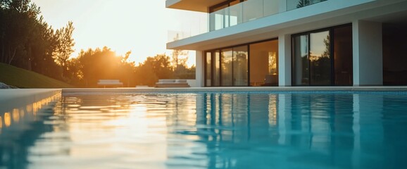 Poster - A close-up view of a swimming pool reflecting a sunset and modern house in the background.