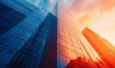 Poster - A low angle view of a skyscraper reflecting a vibrant sunset sky, showcasing the modern architecture and dynamism of a city.