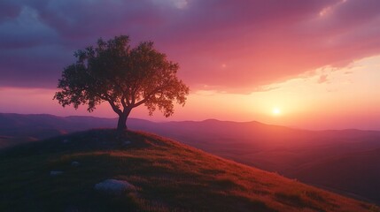 Wall Mural - solitary tree on a hilltop at sunset, with a dramatic sky.