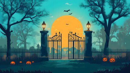 Cemetery Gate Cartoon Halloween illustration vector