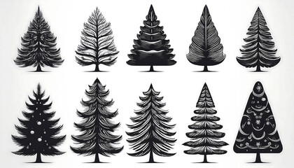 Poster -  A set of Christmas tree silhouettes and pine icons in various shapes and sizes as monochrom_1(196)