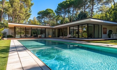 Poster - A modern house with a swimming pool in a lush green garden.
