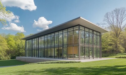 Poster - A modern, glass-walled house with a flat roof sits on a grassy lawn surrounded by trees.