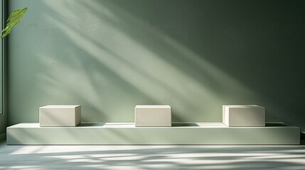 Aufkleber - A minimalist and elegant background for product presentation with a soft green color, empty space in the middle of the picture, and three cube-shaped podiums on it.