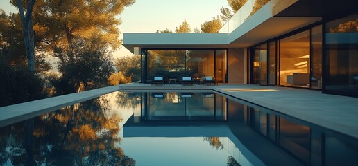 Poster - A modern, minimalist house with a swimming pool reflecting the surrounding trees in the water.