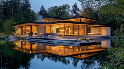 Poster - A modern, single-story house with large windows and a reflecting pool in the front yard. The house is lit up at dusk, and the reflection of the house is visible in the water.
