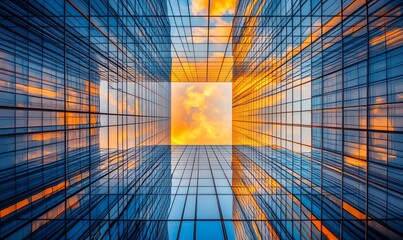 Poster - A view of a sunset through the glass facade of a skyscraper.