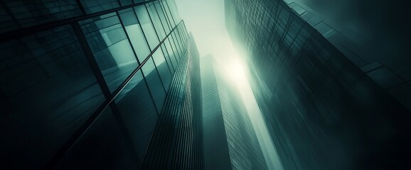 Poster - Looking up at tall modern buildings with a beam of sunlight breaking through the fog.