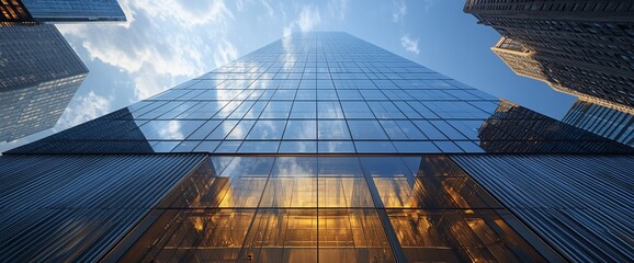 Poster - Low angle view of a modern glass skyscraper with a blue sky and clouds reflected in the windows.
