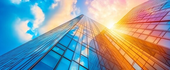 Poster - Low angle view of a modern skyscraper with glass facade against a bright sunset sky.