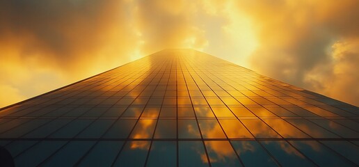 Poster - Low angle view of a skyscraper reflecting the golden sunset sky.