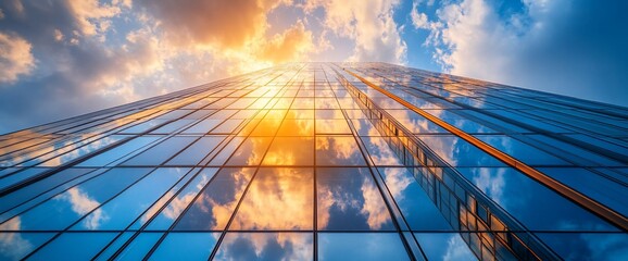 Poster - Low angle view of a skyscraper reflecting a sunset sky.