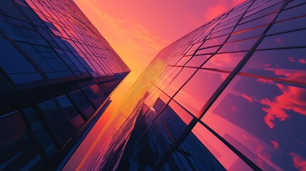 Poster - Low angle view of modern glass skyscrapers against a pink and orange sunset sky.