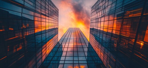 Poster - Low angle view of tall glass buildings with a sunset reflecting in the windows.