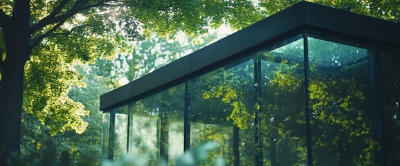 Aufkleber - Modern glass building with black trim surrounded by green trees, nature, and foliage.