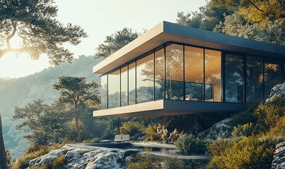 Poster - Modern glass house on a cliff overlooking a mountain forest with a pool in front, at sunrise.