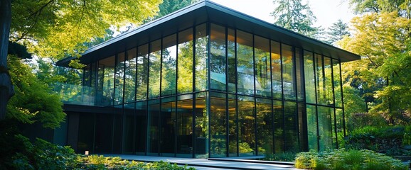 Poster - Modern glass house with a flat roof surrounded by lush greenery.