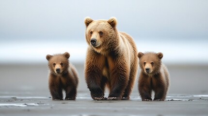 Wall Mural - a mother brown bear and her two cubs walking on the beach.