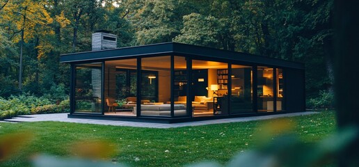 Poster - Modern glass house with a wooden deck and a lush green lawn in the front.