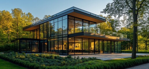 Poster - Modern glass house with a wooden roof and large windows overlooking a lush green lawn.
