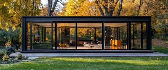 Poster - Modern glass house with large windows in a forest setting with fall foliage.