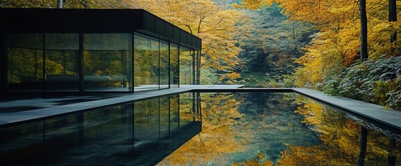 Poster - Modern glass house with swimming pool and autumn foliage reflection.