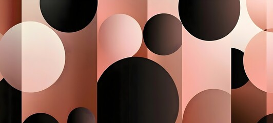 Poster - An abstract composition featuring various sizes of circles in shades of black, peach, and rose, layered over vertical stripes creating a modern and dynamic visual effect.