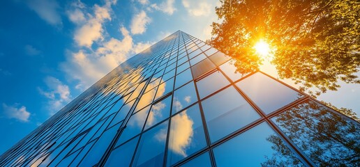Poster - Modern glass skyscraper reflecting clouds and sunlight against a blue sky with tree branches on the side.