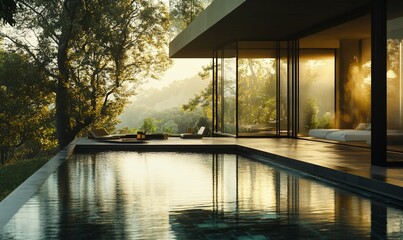 Aufkleber - Modern home with a pool and a view of the forest and mountains.