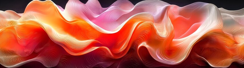 Poster - An abstract wave of vibrant colors in shades of orange, pink, and white, flowing gracefully against a dark background, creating a sense of movement and fluidity.