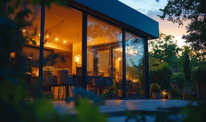Poster - Modern home with large glass doors lit up at dusk, showing a dining room with chairs and table.