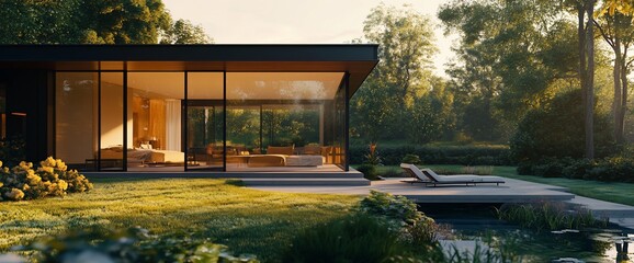 Poster - Modern home with large windows overlooking a garden and pond.