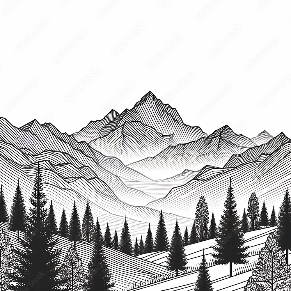 Black and White Mountain Landscape with Pine Trees and Layered Peaks in ...