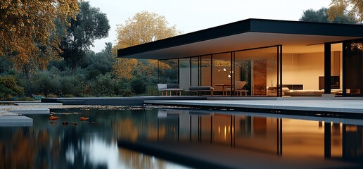 Poster - Modern house with a swimming pool and a large window.
