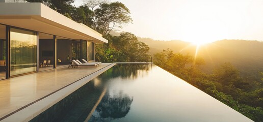 Aufkleber - Modern house with infinity pool overlooking a mountain landscape at sunset.