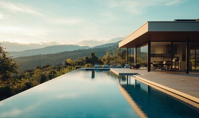 Poster - Modern house with infinity pool overlooking a mountain range at sunset.