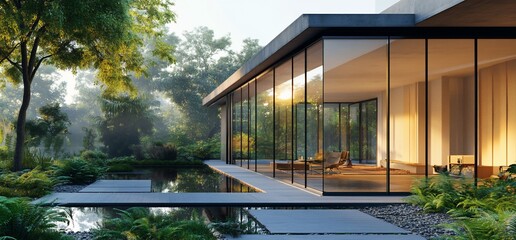 Poster - Modern house with large glass windows overlooking a reflecting pool and lush green landscape.