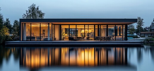 Aufkleber - Modern house with large windows and a reflection in a still lake at dusk.