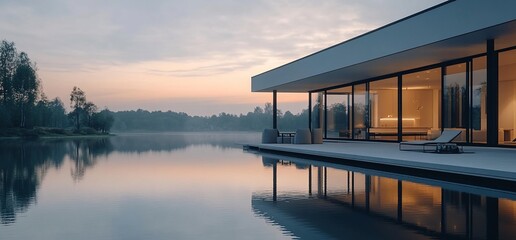 Aufkleber - Modern house with large windows overlooking a calm lake at sunset.