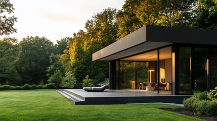Aufkleber - Modern house with large windows overlooking a grassy lawn with trees in the background at sunset.