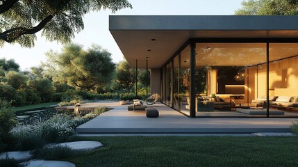 Poster - Modern house with large windows overlooking a patio and pond in a lush green garden.