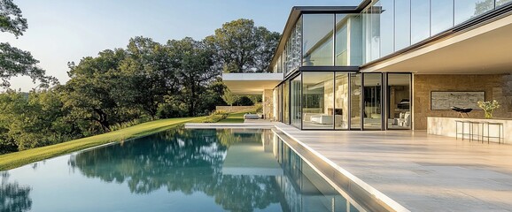 Aufkleber - Modern house with swimming pool overlooking forest and green landscape.
