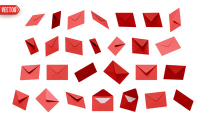 Poster - Large set of red postal paper letters realistic design isolated on white background. vector illustration