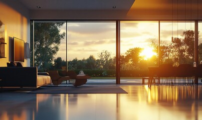 Poster - Modern living room with large windows overlooking a sunset view.