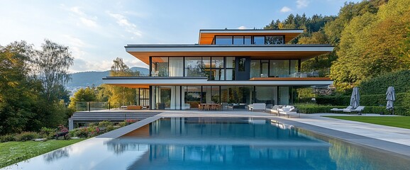 Aufkleber - Modern luxury home with a swimming pool overlooking a forest.